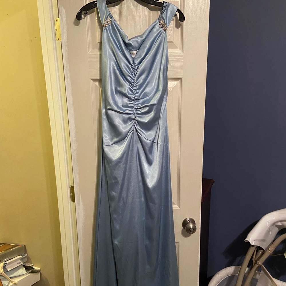 Full length ice blue silk/satin gown